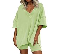 Women's V-Neck T-Shirts and Casual Shorts Two-Piece Set Summer Oversized 2-Piece Lounge Set Split Hem Biker Shorts Tracksuit (Light Green,M)