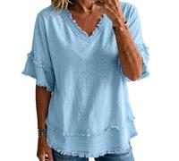 Women's Vintage Art Patchwork Cotton And Linen Shirt Casual Short Sleeve V Neck Tunic Tops Boho Raw Edge Blouses T-Shirt (Blue,XL)