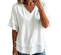 Women's Vintage Art Patchwork Cotton And Linen Shirt Casual Short Sleeve V Neck Tunic Tops Boho Raw Edge Blouses T-Shirt (White,S)
