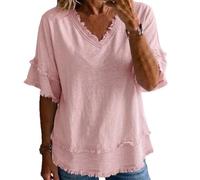 Women's Vintage Art Patchwork Cotton And Linen Shirt Casual Short Sleeve V Neck Tunic Tops Boho Raw Edge Blouses T-Shirt (Pink,XL)