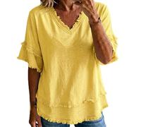 Women's Vintage Art Patchwork Cotton And Linen Shirt Casual Short Sleeve V Neck Tunic Tops Boho Raw Edge Blouses T-Shirt (Yellow,L)
