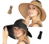 Women's Visor Foldable Straw Hat Adjustable Size Wide Brim Hat (Black+Brown)