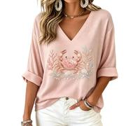 Women's Waffle Knit V Neck Printed Top 3/4 Sleeve Casual Blouse (Crab,S)
