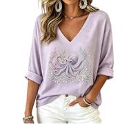 Women's Waffle Knit V Neck Printed Top 3/4 Sleeve Casual Blouse (Octopus,M)