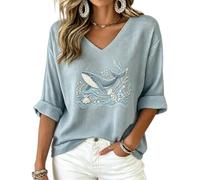 Women's Waffle Knit V Neck Printed Top 3/4 Sleeve Casual Blouse (Whale,3XL)
