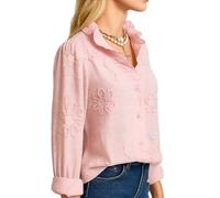 Women's White Cotton Linen Blouse Featuring Floral Embroidery And Ruffled Collar Long Sleeve Button Down Shirt Sweet Cottagecore Top for Spring Summer Casual Wear