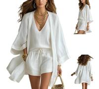 Women's White Loose Cardigan and Drawstring Shorts Three-Piece Set,Lightweight Layered Three Piece Set with Drawstring Shorts (White, 3XL)