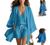 Women's White Loose Cardigan and Drawstring Shorts Three-Piece Set,Lightweight Layered Three Piece Set with Drawstring Shorts (Blue, XL)