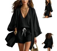 Women's White Loose Cardigan and Drawstring Shorts Three-Piece Set,Lightweight Layered Three Piece Set with Drawstring Shorts (Black, S)