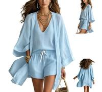 Women's White Loose Cardigan and Drawstring Shorts Three-Piece Set,Lightweight Layered Three Piece Set with Drawstring Shorts (Lake Blue, L)