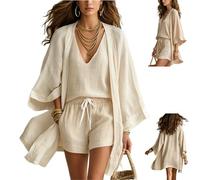 Women's White Loose Cardigan and Drawstring Shorts Three-Piece Set,Lightweight Layered Three Piece Set with Drawstring Shorts (Apricot, S)