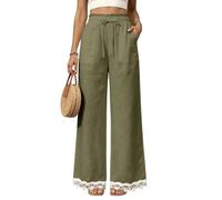 Womens Wide Leg Pants High Waist Drawstring Pockets Lace Trim Hem (Army Green,S)