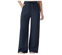 Womens Wide Leg Pants High Waist Drawstring Side Pockets (Navy,M)