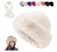 Womens Winter Faux Fur Bucket Hat,Soft Fluffy Furry Fisherman cap,Fashion Outdoor Thick Plush Warm Snow Hats for Cold Weather (Beige)