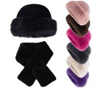 Women's Winter Furry Hat,Winter Faux Fur Fuzzy Thickened Warm Bucket Hat,Fashion Sweet Fluffy Wide Brim Fisherman cap (IT, Testo, Taglia Unica, Black Set)