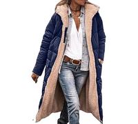 Women's Winter Reversible Long Puffer Jackets Fleece Zip Up Hooded Thicken Down Coat Outwear with Pockets (M,Navy blue)