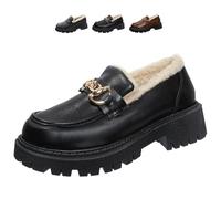 Women's Wool Lining Thick Sole Leather Loafers, Slip-On Platform Chunky Heel Loafers Moccasins Soft Warm Chunky Heel Business Dress Work, Nero A, 41 EU