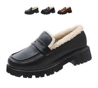 Women's Wool Lining Thick Sole Leather Loafers, Slip-On Platform Chunky Heel Loafers Moccasins Soft Warm Chunky Heel Business Dress Work, Nero B, 39 EU