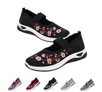 Womens Woven Orthopedic Breathable Soft Shoes Embroidered Flower Shoe Comfort Slip On Walking Shoes Arch Support Casual (Black, 36)