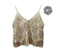 Women's Y2K Sequin Cami Top, Sequin Beaded Halter Top, Sexy V Neck Open Back Straps Tank, Glitter Sexy Deep Beaded Halter, Low Cut Summer Crop Tops (Apricot-02)