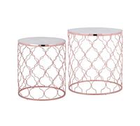 WOMO-DESIGN Set di 2 Tavolini da Caffe Phoenix Rotondi 40x45 e 45x50 Struttura in Metallo Color Rame e Marmo Bianco Banswara per Soggiorno Tavolo da Divano per Salotto in Stile Moderno