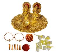Wonder Care Wc_Raksha Bandhan Festive Rakhi Set - Combinazione di Rakhi per fratelli e sorelle - Confezione da 2 Rudraksha Rakhi/Roli Chawal Hamper/Piatto Puja dorato/Biglietto di auguri speciale /