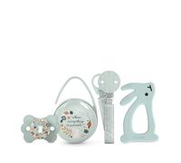 Suavinex, Regalo per Neonati. Set regalo con: Ciuccio con tettarella simmetrica SX Pro per neonati 0/6 mesi + Clip + Portaciuccio Duo + Massaggiagengive in silicone. (4 pezzi). Wonderland Azzurro