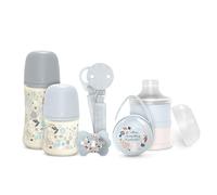 Suavinex, Cofanetto Regalo Neonato. Kit Biberon Anti-Colica da 150 ml e 270 ml + Ciuccio 0/6 Mesi con Tettarella SX Pro + Dosatore Latte + Porta Ciuccio + Catenella portaciuccio. Wonderland Azzurro