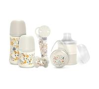 Suavinex, Cofanetto Regalo Neonato. Kit Biberon Anti-Colica da 150 ml e 270 ml + Ciuccio 0/6 Mesi con Tettarella SX Pro + Dosatore Latte + Porta Ciuccio + Catenella portaciuccio. Wonderland Neutro