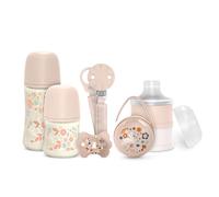 Suavinex, Cofanetto Regalo Neonato. Kit Biberon Anti-Colica da 150 ml e 270 ml + Ciuccio 0/6 Mesi con Tettarella SX Pro + Dosatore Latte + Porta Ciuccio + Catenella portaciuccio. Wonderland Rosa