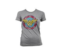 Wonder Woman Officially Licensed Merchandise Distressed Logo Girly Tee (H.Grey), Small