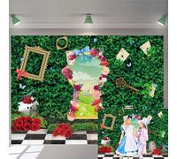 Wonderland - Sfondo fotografico con foglie verdi, motivo a scacchiera, coniglio, paese delle meraviglie, per bambine, baby shower, feste di compleanno, 210 x 150 cm