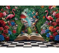 Wonderland - Sfondo per fotografia, con foglie verdi, rosa, paese delle meraviglie e tea party, sfondo decorativo per bambini, per ritratti e foto (210 x 150 cm)