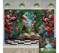 Wonderland - Sfondo per fotografia, con foglie verdi, rose, paese delle meraviglie e tea party, sfondo decorativo per bambini, per ritratti e foto (240 x 180 cm)