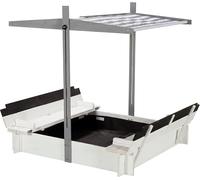 WONDERMAKE® Sabbiera di design in legno con tetto, copertura e panchina, per bambini, con coperchio pieghevole, protezione solare UV, parco giochi per esterni, 120 x 120 cm, colore: bianco/grigio nero
