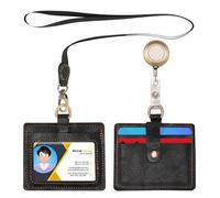 Wonderpool Porta Badge Orizzontale in pelle con cordino staccabile e clip retrattile, porta carte d'identità Porta carte d'identità per badge identificativi e patente di guida (Nero)