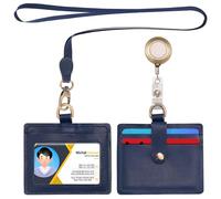Wonderpool Porta Badge Orizzontale in pelle con cordino staccabile e clip retrattile, porta carte d'identità Porta carte d'identità per badge identificativi e patente di guida (Blu)