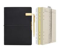 Wonderpool Quaderno e penna in carta a righe con quaderno in pelle - Diario a spirale con 6 raccoglitori ad anelli ricaricabili con quaderni a righe agenda(b-Nero, A5)