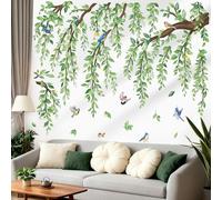 wondever Adesivi Murali Albero Grande Foglie Verdi Rami Sticker da Muro Pianta Vite Appesa Uccelli Adesivi da Parete per Soggiorno Camera da Letto Sfondo