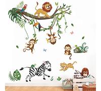 wondever Adesivi Murali Animali della Giungla Albero Sticker da Muro Scimmia Leone Zebra Adesivi da Parete per Camerette Bambini Camera da Letto