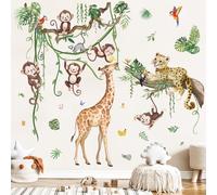 wondever Adesivi Murali Animali della Giungla Tropicali Albero Ramo Sticker da Muro Safari Scimmia Giraffa Leopardo Adesivi da Parete per Camerette Bambini Asilo Nido