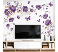wondever Adesivi Murali Fiori Viola Vite Adesivi Parete Peonia Oro Farfalle | Sticker da Muro Autoadesivo, Stacca e Attacca, Rimovibile, Decorazioni per Camera da Letto Soggiorno Ufficio TV Sfondo