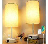 Wondlumi Set of 2 Bedside Lamps, Touch Lamps with 3 Way Dimmable and 2 USB Charging Ports, Bedside Table Lamp with Marble Color Base and White Fabric Shade for Bedroom, Includes 6W LED Bulb.