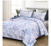WONGS BEDDING Set copripiumino blu per letto queen size, 3 pezzi, copriletto botanico in microfibra leggera, motivo piante toile blu, decorazione per la casa per tutte le stagioni (248 x 228 cm)