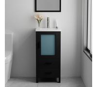 wonline Set da bagno da 16 pollici, mobile da bagno singolo piccolo con lavandino in ceramica, mobile moderno nero con rubinetto e scarico pop-up
