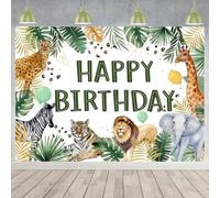 Wonmelody 2,1 x 1,5 m Jungle Happy Birthday sfondo Decor Safari Animal Zoo tema compleanno sfondo banner foresta tropicale sfondo con leone, leopardo, zebra, elefante, per ragazzo 1°, 3°, 5° safari