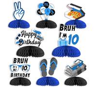 Wonmelody Blue Bruh Decorazioni per il 10° compleanno per ragazzi, 8 pezzi centrotavola a nido d'ape su entrambi i lati per Bruh It's My 10 Compleanno Decorazione Divertente Blu e Nero Forniture per