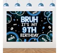 Wonmelody Bruh It's My 9th Birthday Decor 1,5 x 1 m Bruh It's My 9th Birthday Sfondo Banner Blu Nero Decorazione per 9° Compleanno per Ragazzo Happy 9th Birthday Party Supplies Cheers to Nine Years