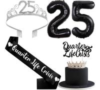 Wonmelody Decorazione per il 25° compleanno da donna, fascia nera per crisi della vita quarto di vita, corona per 25° compleanno, bomboniere per torte, per il suo tifo per il 25° compleanno