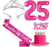 Wonmelody Decorazione per il 25° compleanno da donna, rosa acceso, fascia per crisi di quarto di vita, corona per 25° compleanno, bomboniere, decorazioni per torte, per festeggiare il 25° compleanno